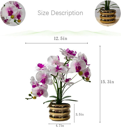 Artificial Orchids Flowers with Vase for Table Centerpieces, Real Touch Faux White Orchid Phalaenopsis in Ceramic Vase for Home Wedding Kitchen Decoration (White, Purple)