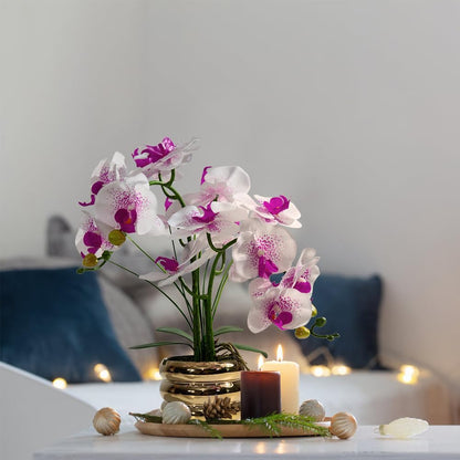 Artificial Orchids Flowers with Vase for Table Centerpieces, Real Touch Faux White Orchid Phalaenopsis in Ceramic Vase for Home Wedding Kitchen Decoration (White, Purple)
