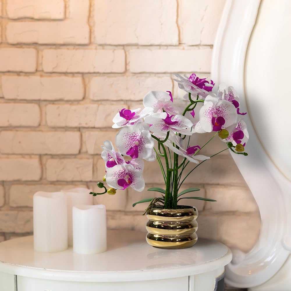 Artificial Orchids Flowers with Vase for Table Centerpieces, Real Touch Faux White Orchid Phalaenopsis in Ceramic Vase for Home Wedding Kitchen Decoration (White, Purple)
