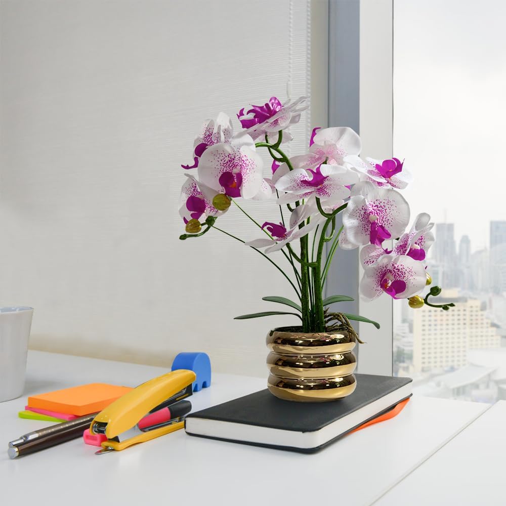 Artificial Orchids Flowers with Vase for Table Centerpieces, Real Touch Faux White Orchid Phalaenopsis in Ceramic Vase for Home Wedding Kitchen Decoration (White, Purple)