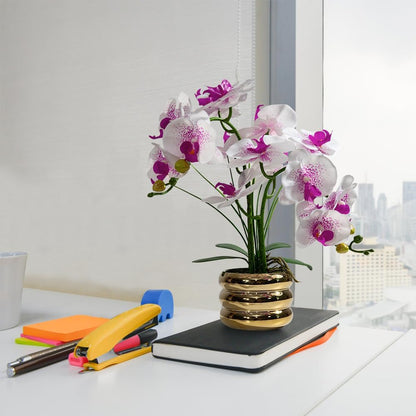 Artificial Orchids Flowers with Vase for Table Centerpieces, Real Touch Faux White Orchid Phalaenopsis in Ceramic Vase for Home Wedding Kitchen Decoration (White, Purple)
