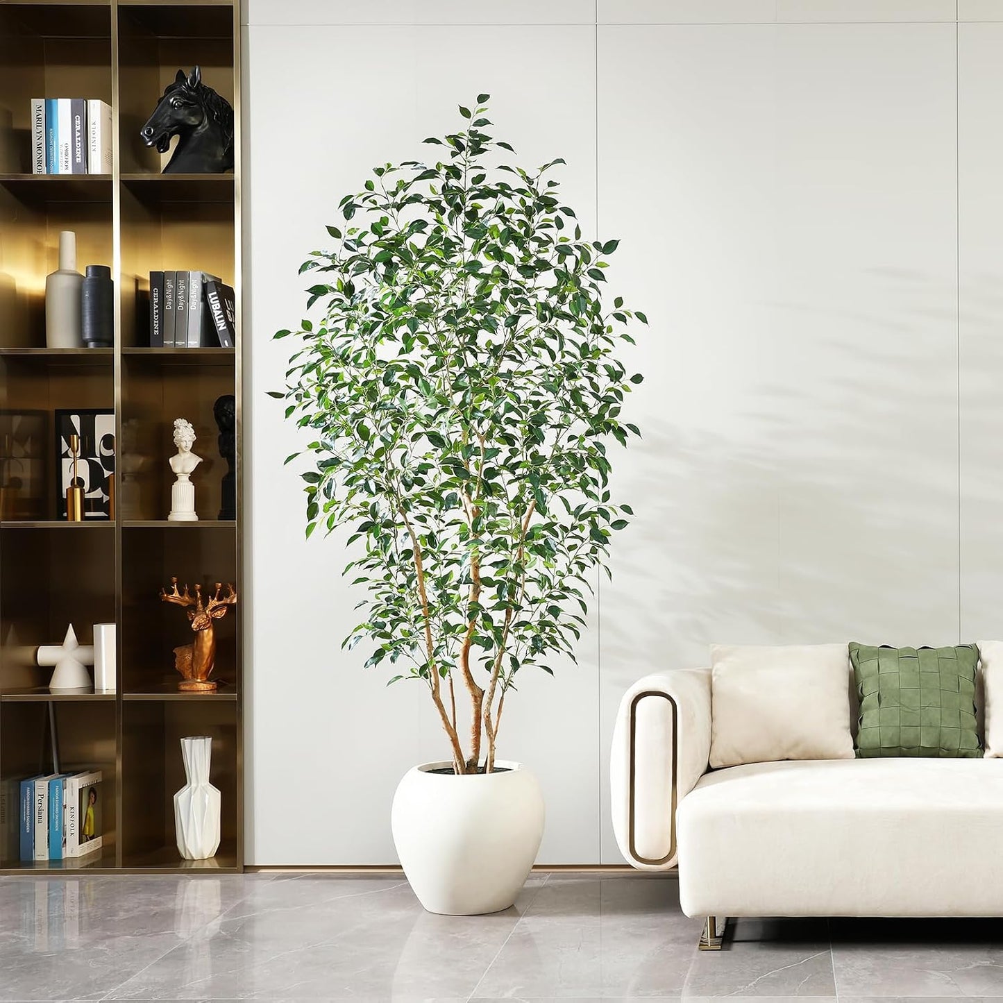 8FT Artificial Ficus Tree, Indoor Faux Ficus Plant with Realistic Leaves & Natural Wood Trunk, 8ft Tall, Green, All Seasons, Perfect for Living Room Home Decor