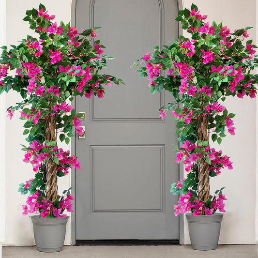 6FT Tall Bougainvillea Artificial Tree for Indoor & Outdoor, 2 Pack | Realistic Faux Bougainvillea Tree with Wood Trunk and Flowers in Plastic Pot for Front Porch, Home,Office,Living Room,Red