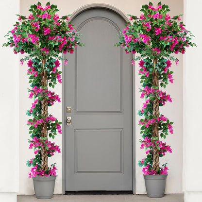 6FT Tall Bougainvillea Artificial Tree for Indoor & Outdoor, 2 Pack | Realistic Faux Bougainvillea Tree with Wood Trunk and Flowers in Plastic Pot for Front Porch, Home,Office,Living Room,Red