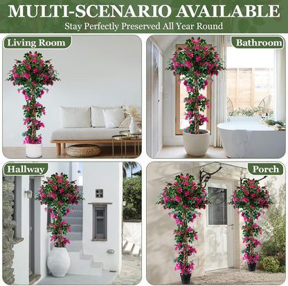 6FT Tall Bougainvillea Artificial Tree for Indoor & Outdoor, 2 Pack | Realistic Faux Bougainvillea Tree with Wood Trunk and Flowers in Plastic Pot for Front Porch, Home,Office,Living Room,Red