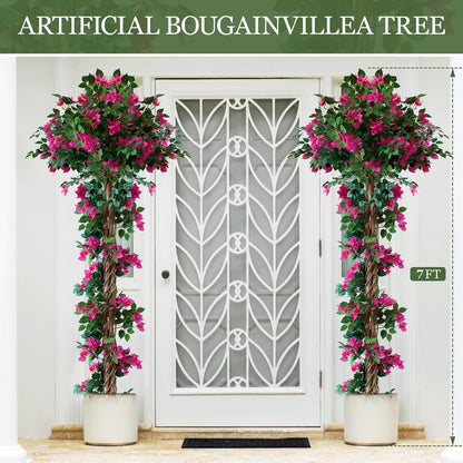 6FT Tall Bougainvillea Artificial Tree for Indoor & Outdoor, 2 Pack | Realistic Faux Bougainvillea Tree with Wood Trunk and Flowers in Plastic Pot for Front Porch, Home,Office,Living Room,Red