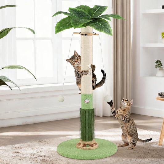 Cat Scratching Post,37.5'' Tall Palm Tree Natural Sisal Scratching Post for Indoor,Stable Vertical Scratcher Tower with Mouse Hole Toy,Rotating Interactive Ball Self Groomer for Full Body Stretching