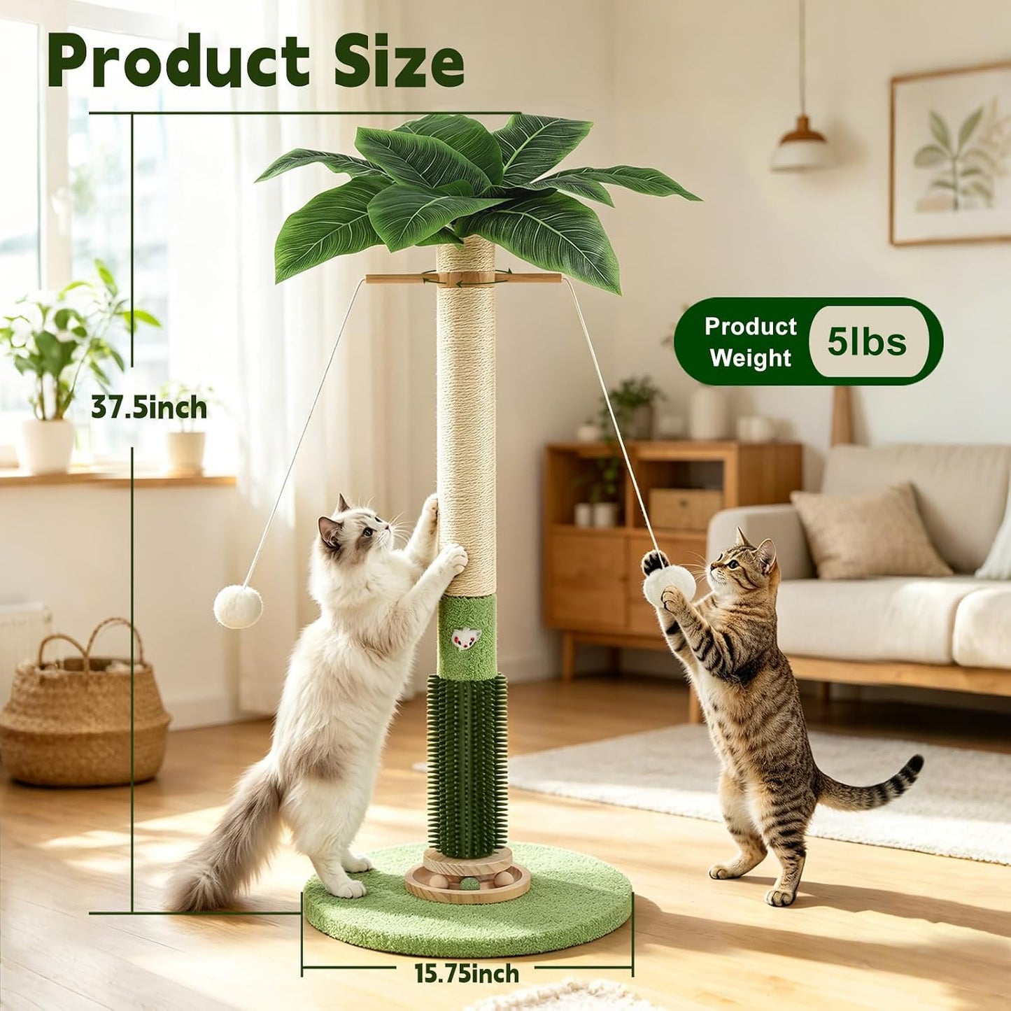 Cat Scratching Post,37.5'' Tall Palm Tree Natural Sisal Scratching Post for Indoor,Stable Vertical Scratcher Tower with Mouse Hole Toy,Rotating Interactive Ball Self Groomer for Full Body Stretching