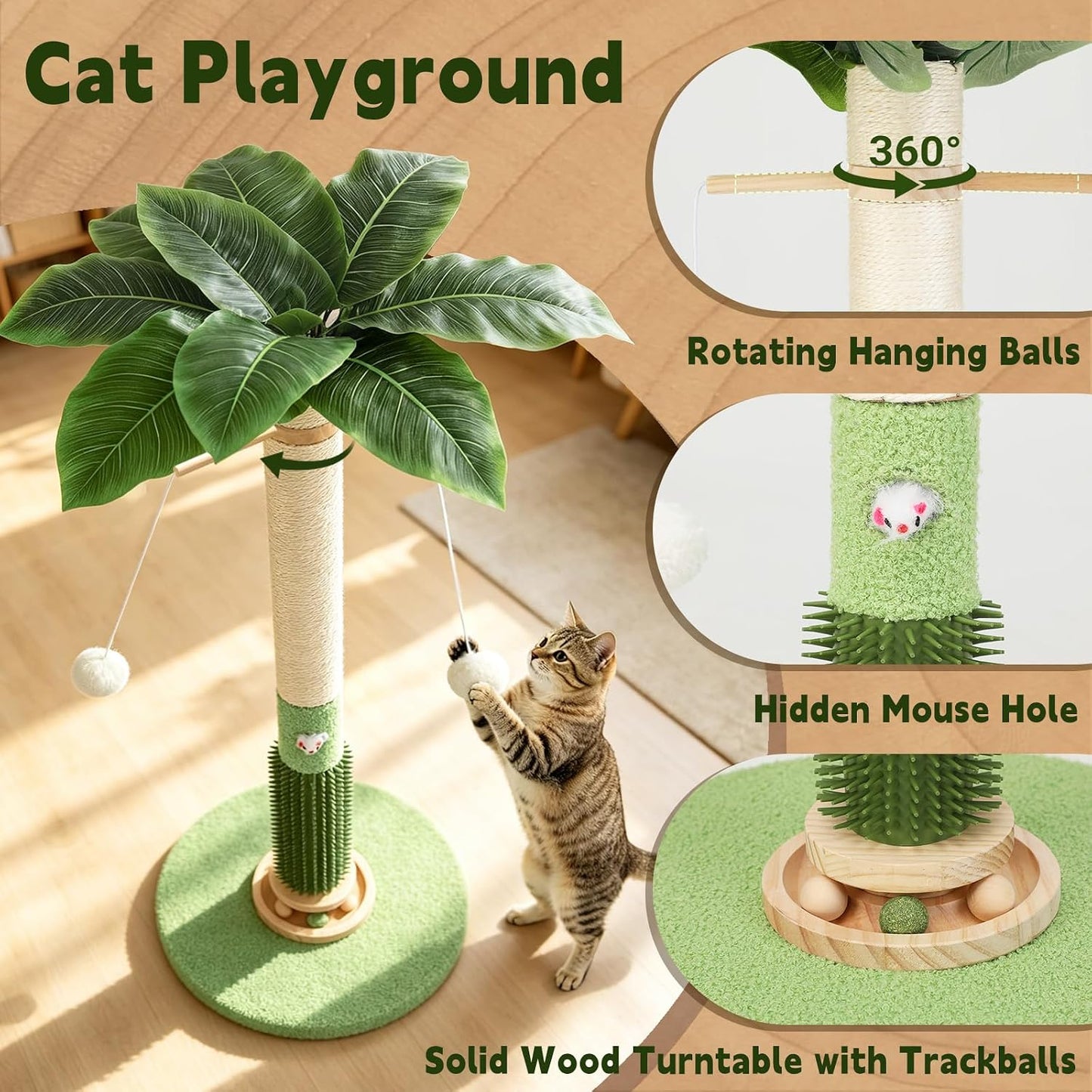 Cat Scratching Post,37.5'' Tall Palm Tree Natural Sisal Scratching Post for Indoor,Stable Vertical Scratcher Tower with Mouse Hole Toy,Rotating Interactive Ball Self Groomer for Full Body Stretching
