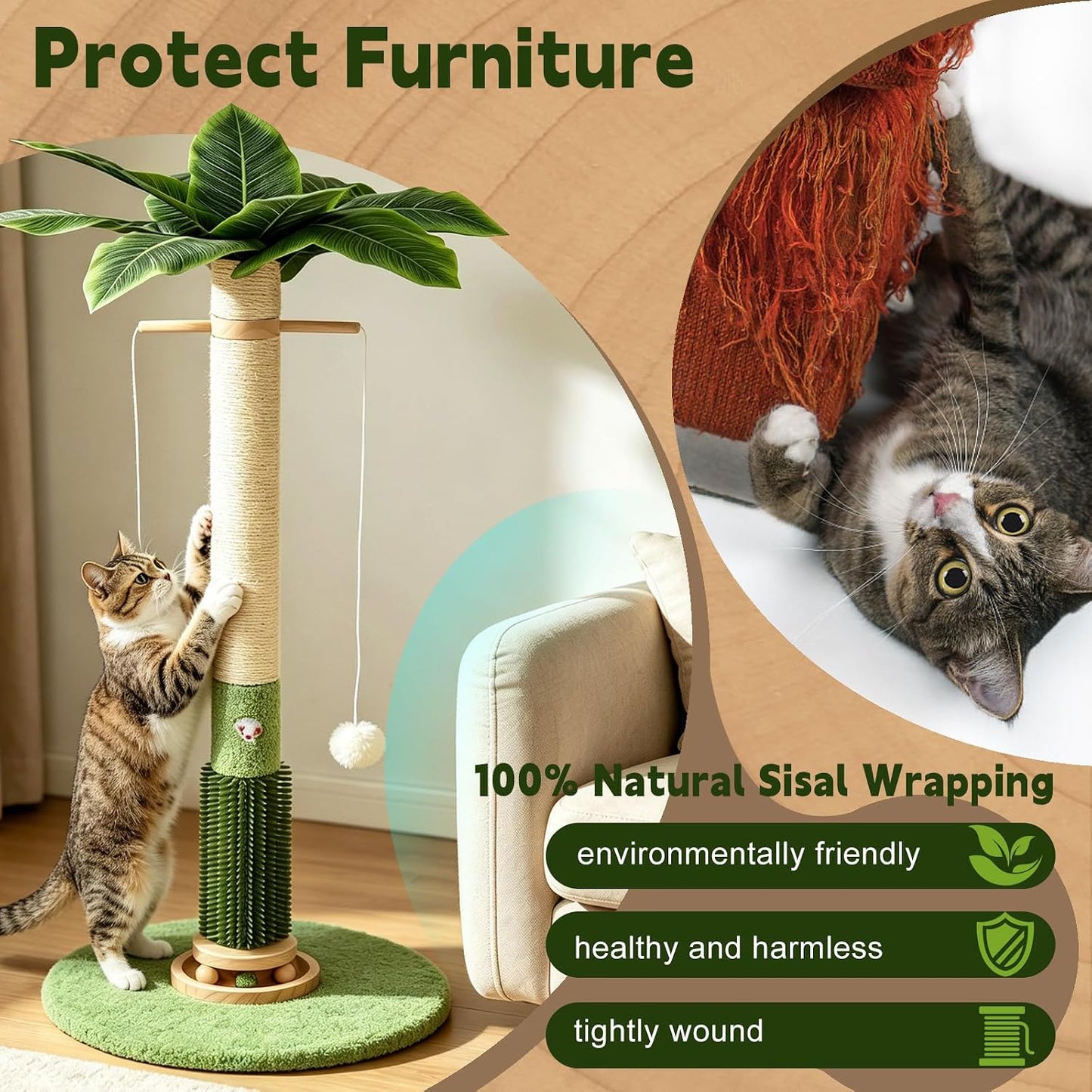 Cat Scratching Post,37.5'' Tall Palm Tree Natural Sisal Scratching Post for Indoor,Stable Vertical Scratcher Tower with Mouse Hole Toy,Rotating Interactive Ball Self Groomer for Full Body Stretching