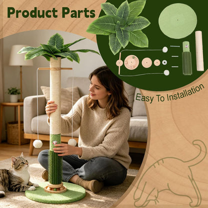 Cat Scratching Post,37.5'' Tall Palm Tree Natural Sisal Scratching Post for Indoor,Stable Vertical Scratcher Tower with Mouse Hole Toy,Rotating Interactive Ball Self Groomer for Full Body Stretching