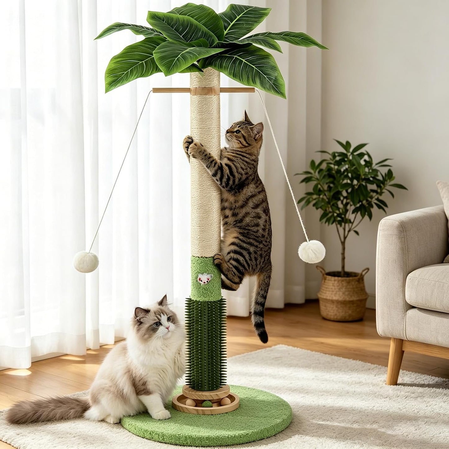 Cat Scratching Post,37.5'' Tall Palm Tree Natural Sisal Scratching Post for Indoor,Stable Vertical Scratcher Tower with Mouse Hole Toy,Rotating Interactive Ball Self Groomer for Full Body Stretching