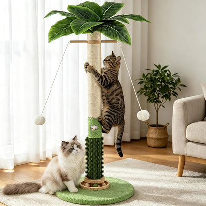 Cat Scratching Post,37.5'' Tall Palm Tree Natural Sisal Scratching Post for Indoor,Stable Vertical Scratcher Tower with Mouse Hole Toy,Rotating Interactive Ball Self Groomer for Full Body Stretching