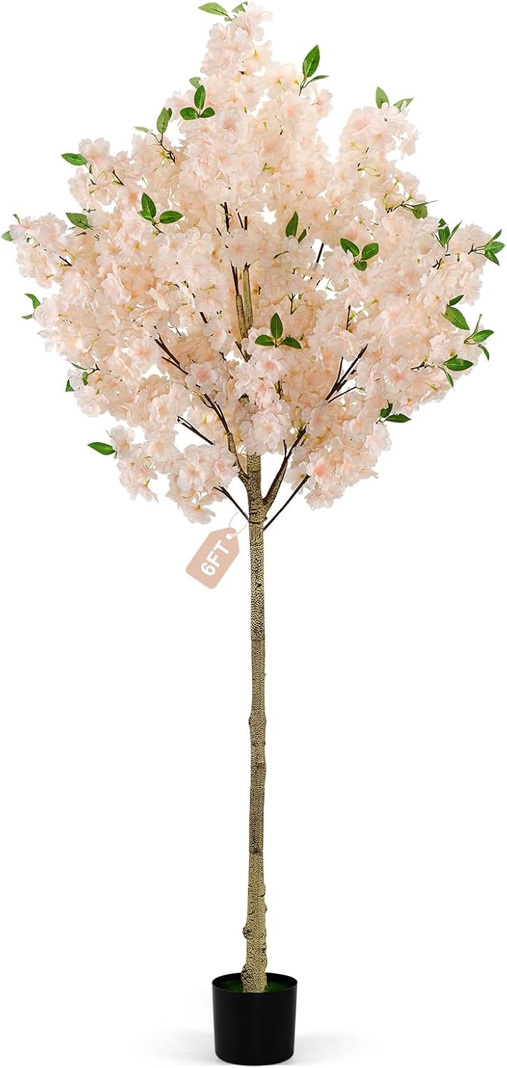 6Ft Cherry Blossom Artificial Tree,Decor Fake Tree Faux Silk Plant with Plastic Nursery Pot,Artificial Plants for Wedding Decor Home Office（Champagne）