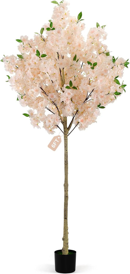 6Ft Cherry Blossom Artificial Tree,Decor Fake Tree Faux Silk Plant with Plastic Nursery Pot,Artificial Plants for Wedding Decor Home Office（Champagne）