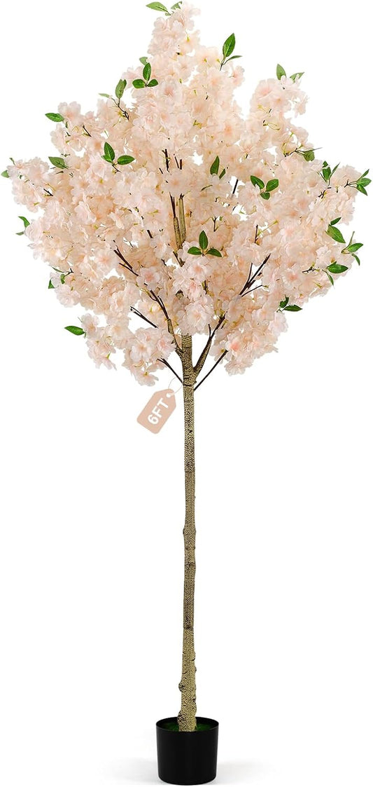 6Ft Cherry Blossom Artificial Tree,Decor Fake Tree Faux Silk Plant with Plastic Nursery Pot,Artificial Plants for Wedding Decor Home Office（Champagne）