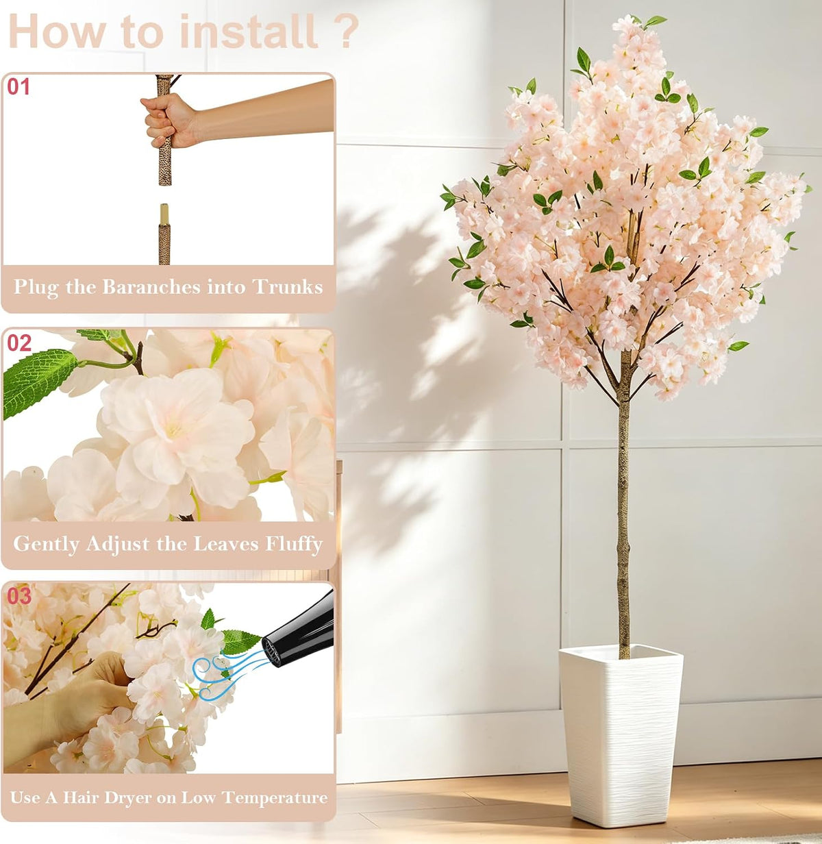 6Ft Cherry Blossom Artificial Tree,Decor Fake Tree Faux Silk Plant with Plastic Nursery Pot,Artificial Plants for Wedding Decor Home Office（Champagne）
