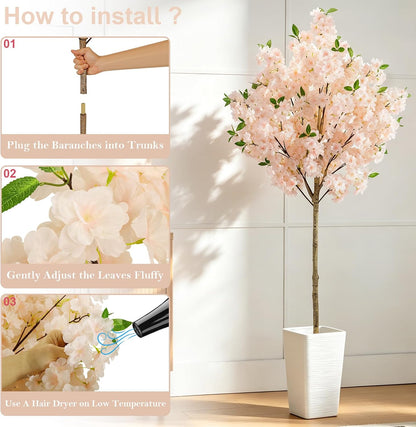 6Ft Cherry Blossom Artificial Tree,Decor Fake Tree Faux Silk Plant with Plastic Nursery Pot,Artificial Plants for Wedding Decor Home Office（Champagne）