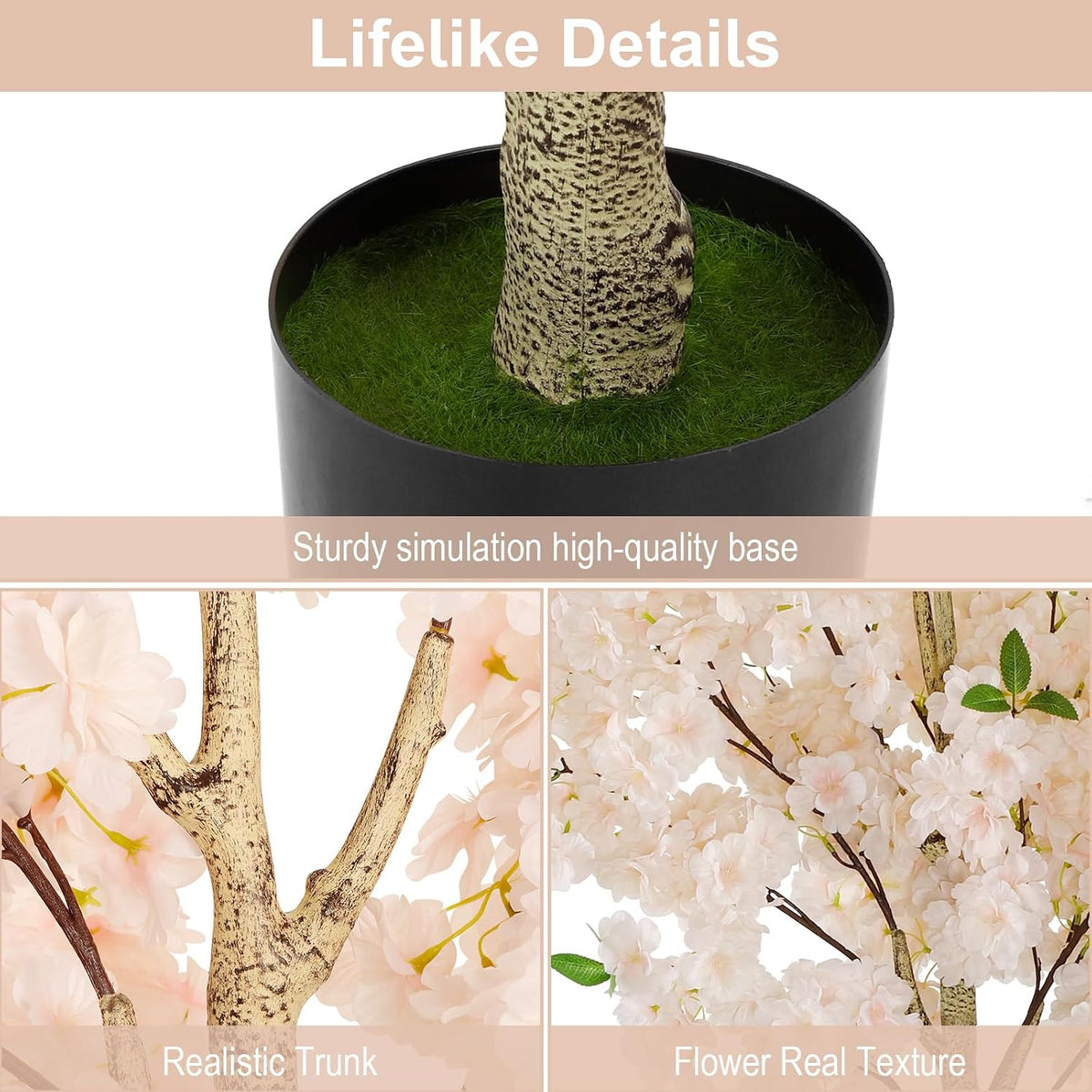 6Ft Cherry Blossom Artificial Tree,Decor Fake Tree Faux Silk Plant with Plastic Nursery Pot,Artificial Plants for Wedding Decor Home Office（Champagne）