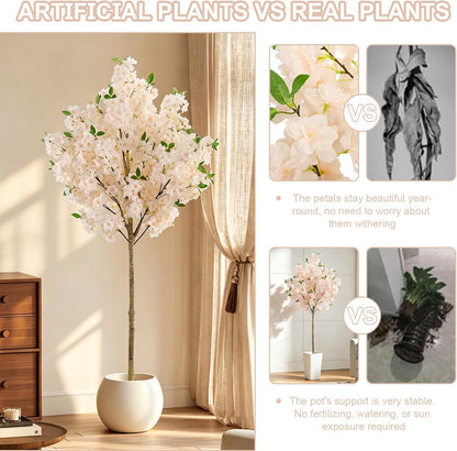 6Ft Cherry Blossom Artificial Tree,Decor Fake Tree Faux Silk Plant with Plastic Nursery Pot,Artificial Plants for Wedding Decor Home Office（Champagne）
