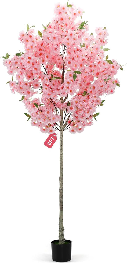 6Ft Cherry Blossom Artificial Tree,Decor Fake Tree Faux Silk Plant with Plastic Nursery Pot,Artificial Plants for Wedding Decor Home Office（Champagne）