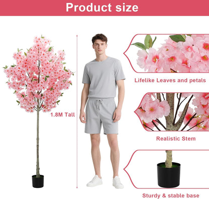 6Ft Cherry Blossom Artificial Tree,Decor Fake Tree Faux Silk Plant with Plastic Nursery Pot,Artificial Plants for Wedding Decor Home Office（Champagne）