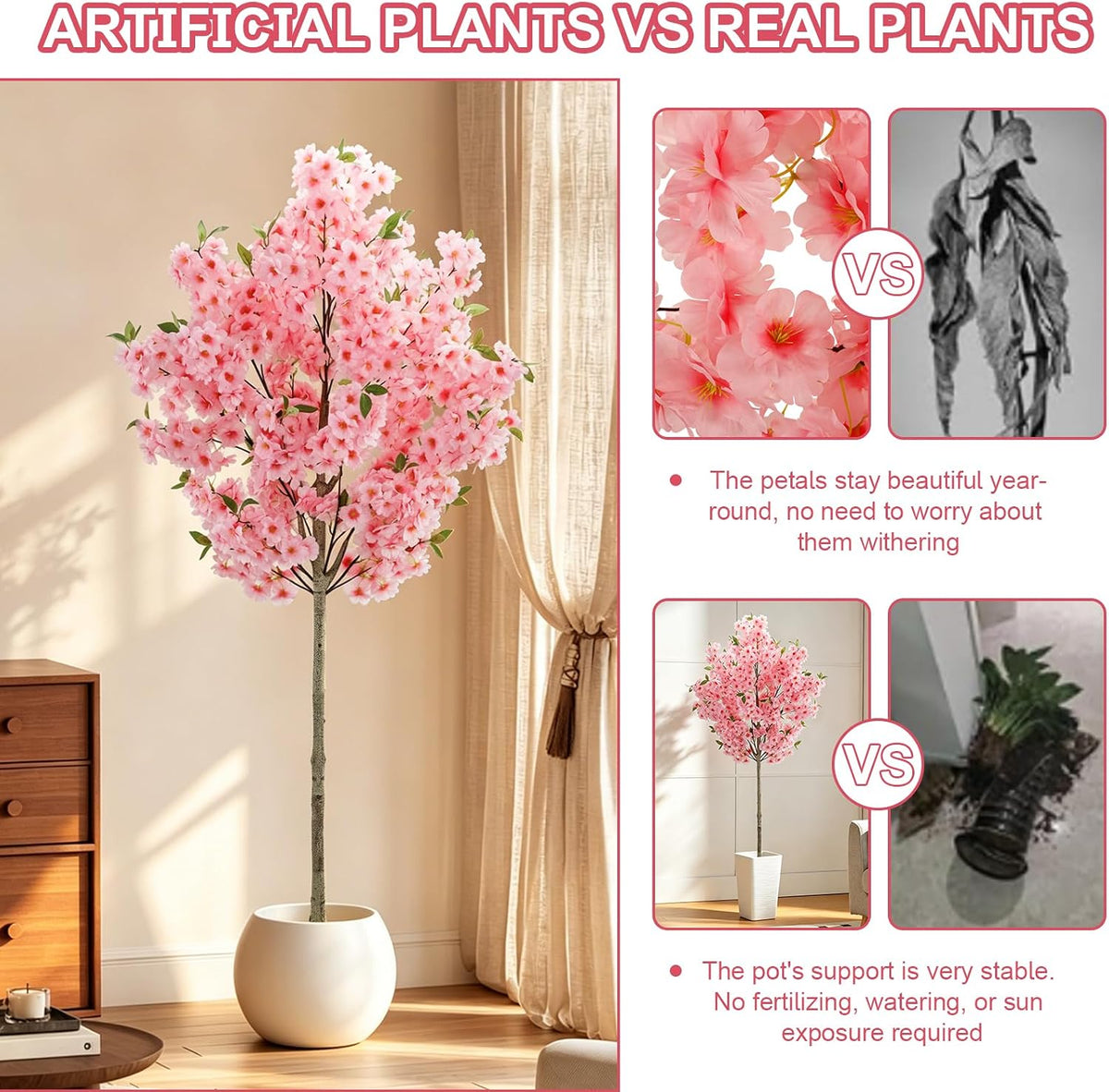 6Ft Cherry Blossom Artificial Tree,Decor Fake Tree Faux Silk Plant with Plastic Nursery Pot,Artificial Plants for Wedding Decor Home Office（Champagne）