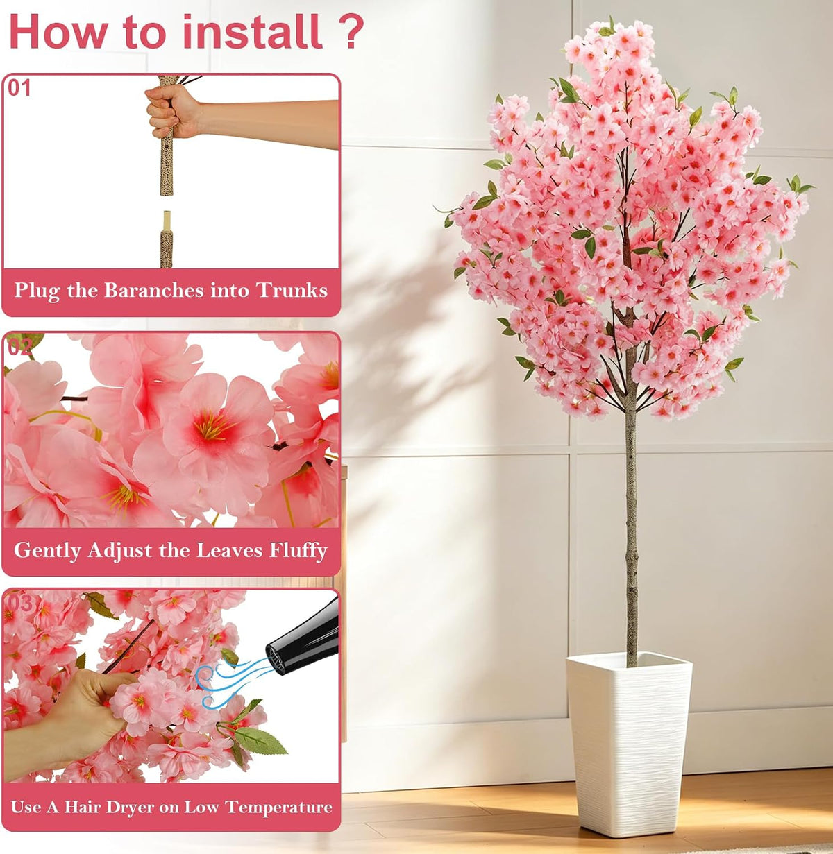 6Ft Cherry Blossom Artificial Tree,Decor Fake Tree Faux Silk Plant with Plastic Nursery Pot,Artificial Plants for Wedding Decor Home Office（Champagne）