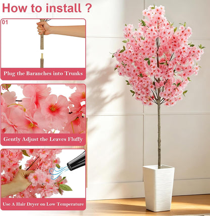 6Ft Cherry Blossom Artificial Tree,Decor Fake Tree Faux Silk Plant with Plastic Nursery Pot,Artificial Plants for Wedding Decor Home Office（Champagne）